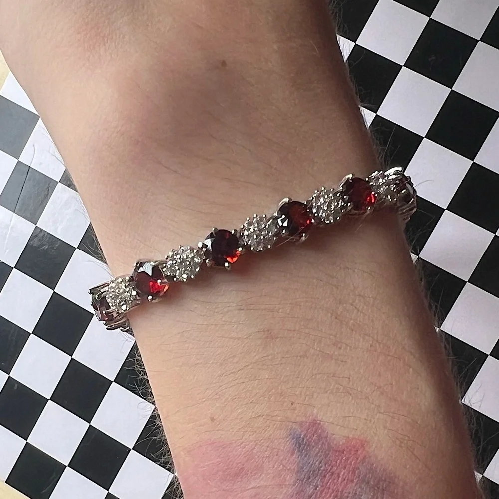 Red Garnet ♥️ Rhodium over Sterling Silver 🩶 Bracelet - Picture 3 of 15